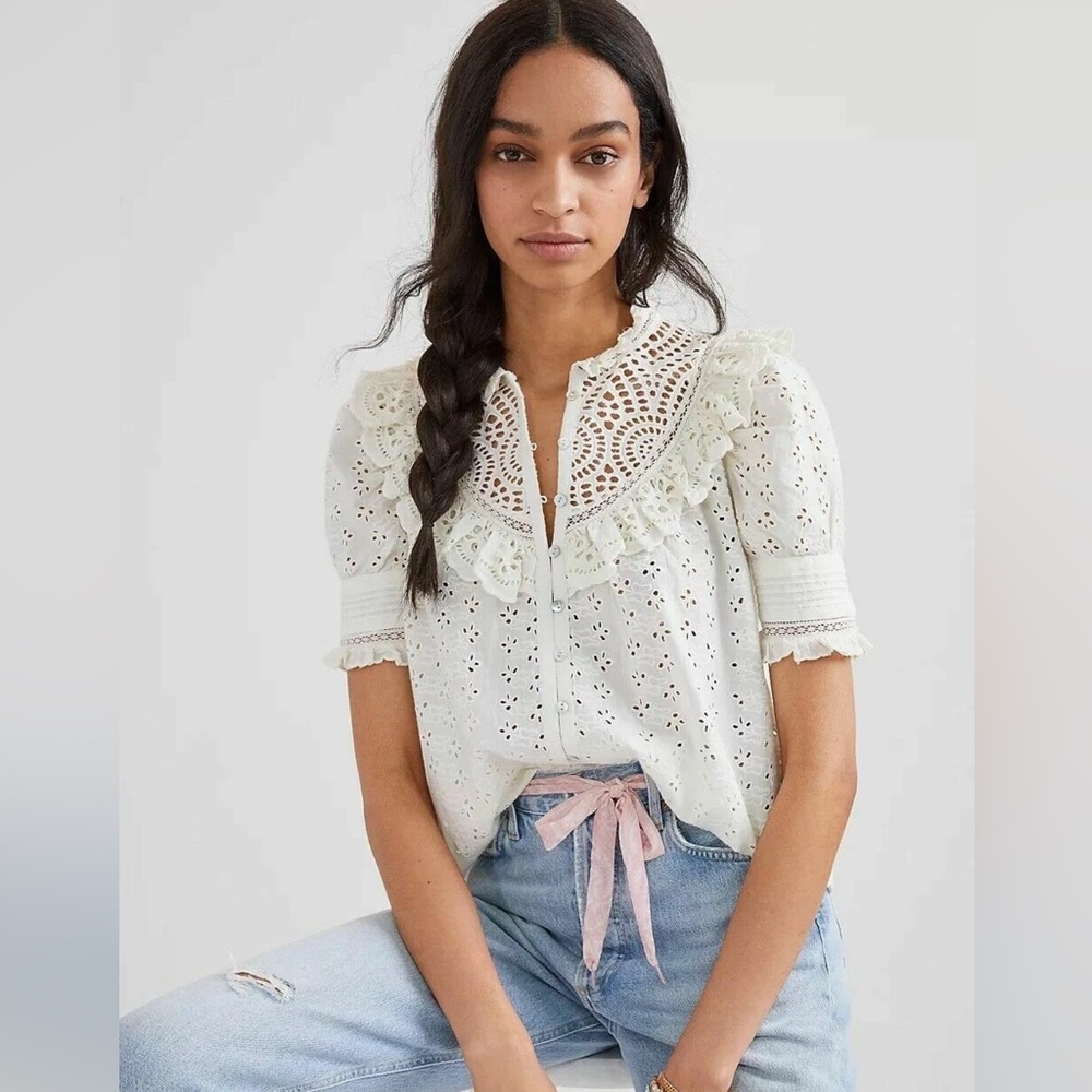 Love The Label Anthropologie‎ Dreamer Ruffled Eyelet Blouse 100% Cotton Size L - Picture 3 of 9